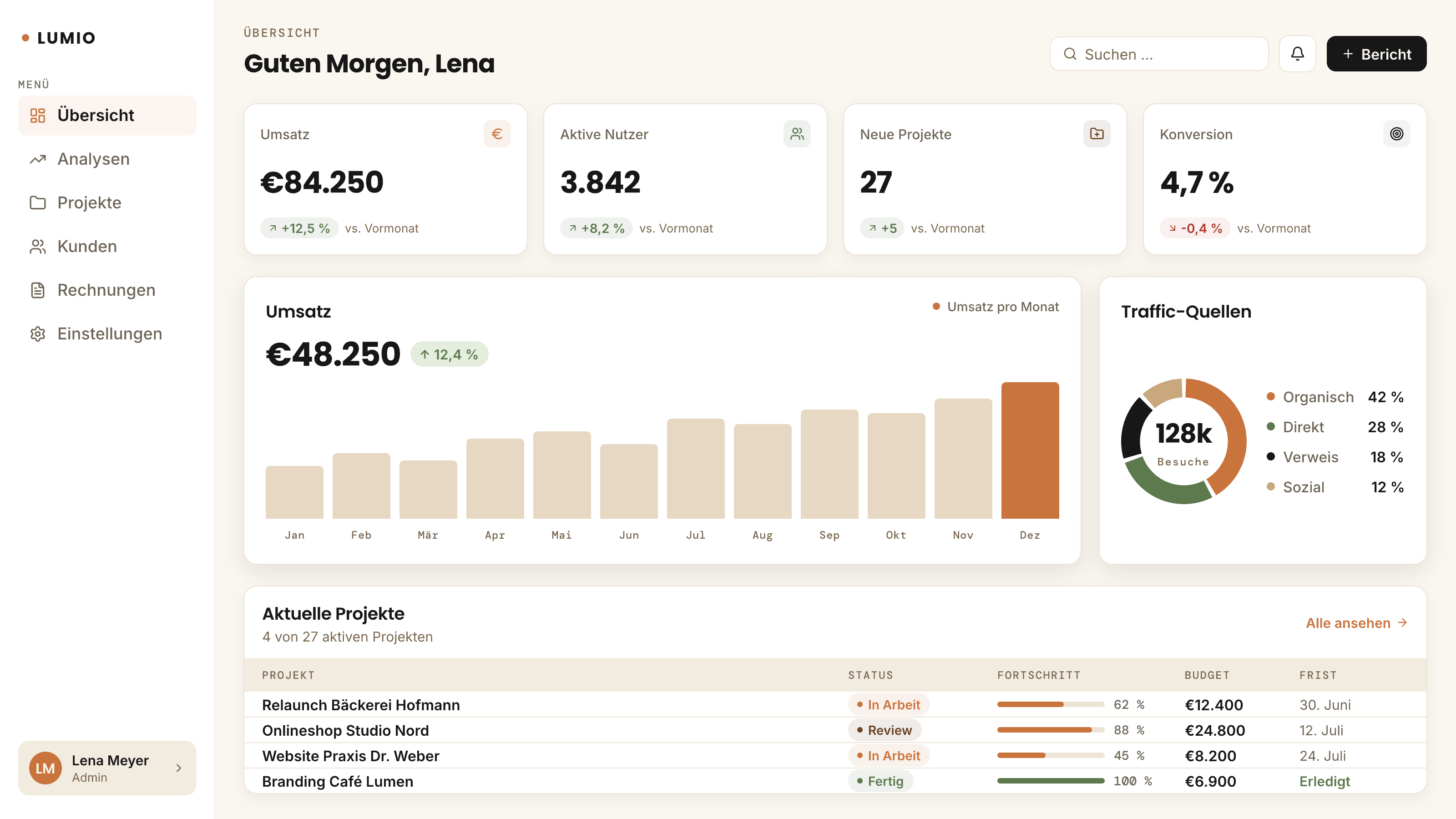 Example dashboard with revenue, projects and traffic sources