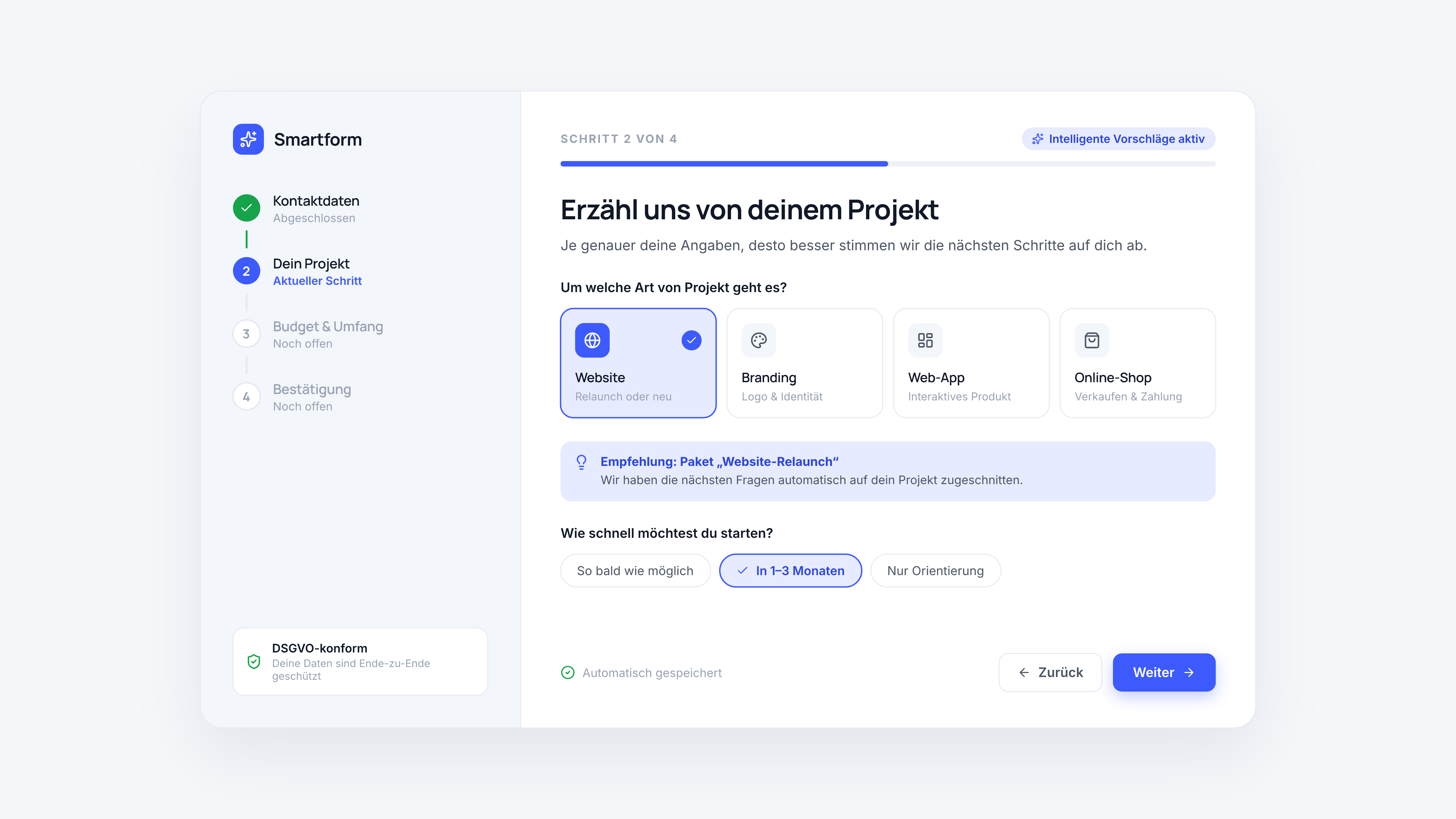 Example of a smart form: Step - Select options